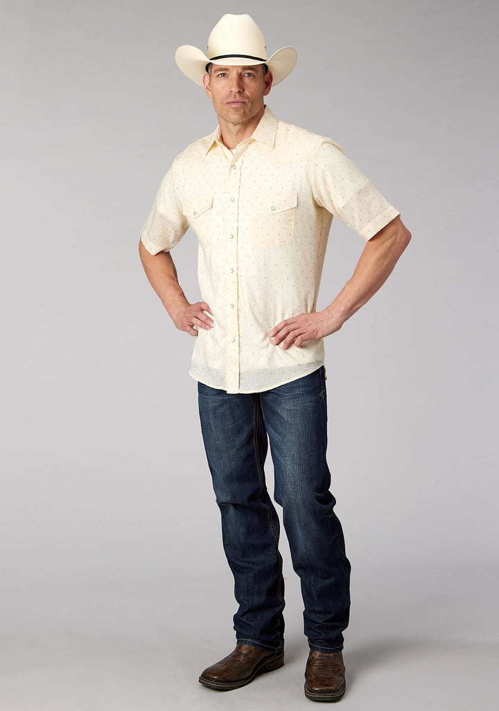 MENS CREAM WHITE DIAMOND WALLPAPER PRINT SHORT SLEEVE SNAP WESTERN SHIRT