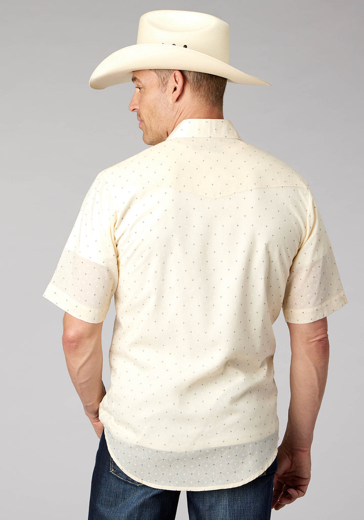 MENS CREAM WHITE DIAMOND WALLPAPER PRINT SHORT SLEEVE SNAP WESTERN SHIRT
