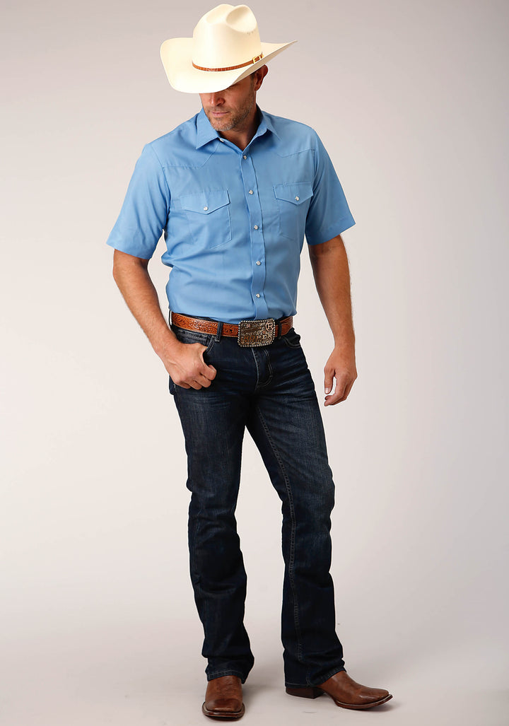 MENS SHORT SLEEVE SNAP SOLID BROADCLOTH  HERITAGE BLUE WESTERN SHIRT