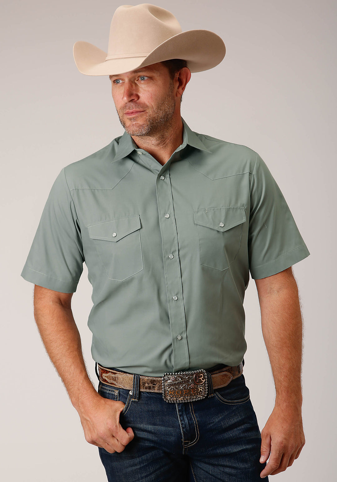MENS SHORT SLEEVE SNAP SOLID BROADCLOTH  DUSTY GREEN WESTERN SHIRT