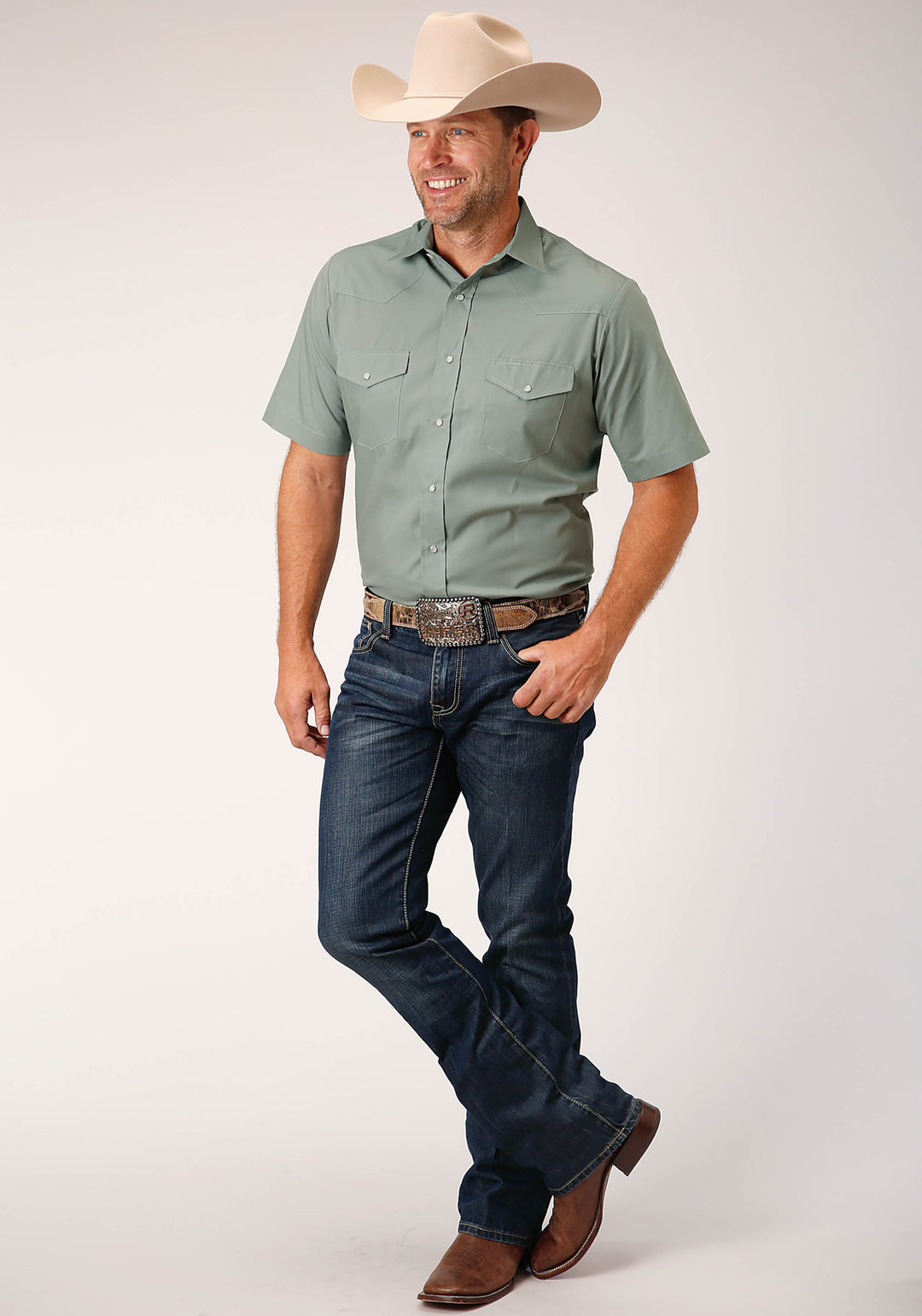 MENS SHORT SLEEVE SNAP SOLID BROADCLOTH  DUSTY GREEN WESTERN SHIRT