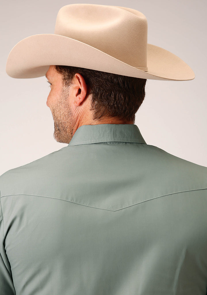 MENS SHORT SLEEVE SNAP SOLID BROADCLOTH  DUSTY GREEN WESTERN SHIRT