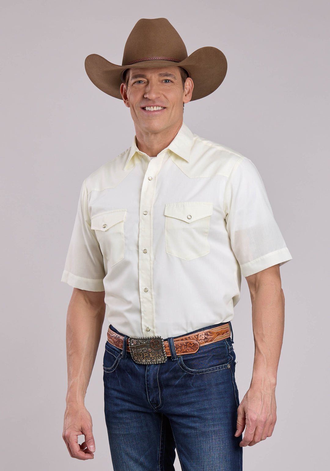 MENS ROPER SOLID WHITE SHORT SLEEVE SNAP SHIRT