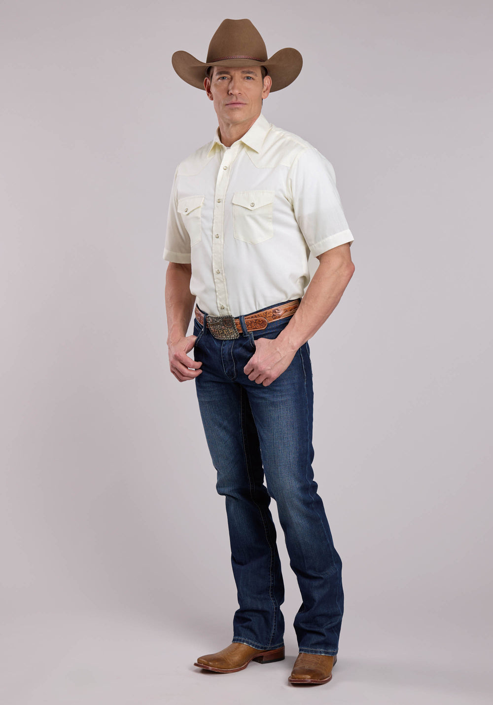 MENS ROPER SOLID WHITE SHORT SLEEVE SNAP SHIRT