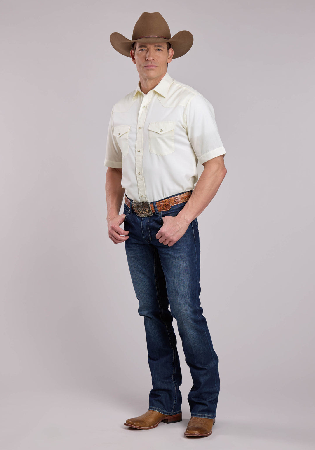 MENS ROPER SOLID WHITE SHORT SLEEVE SNAP SHIRT