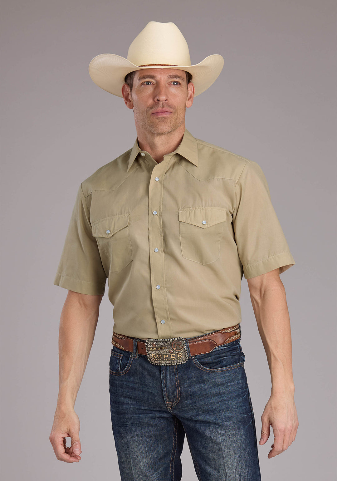 MENS SOLID TAN SHORT SLEEVE SNAP WESTERN SHIRT