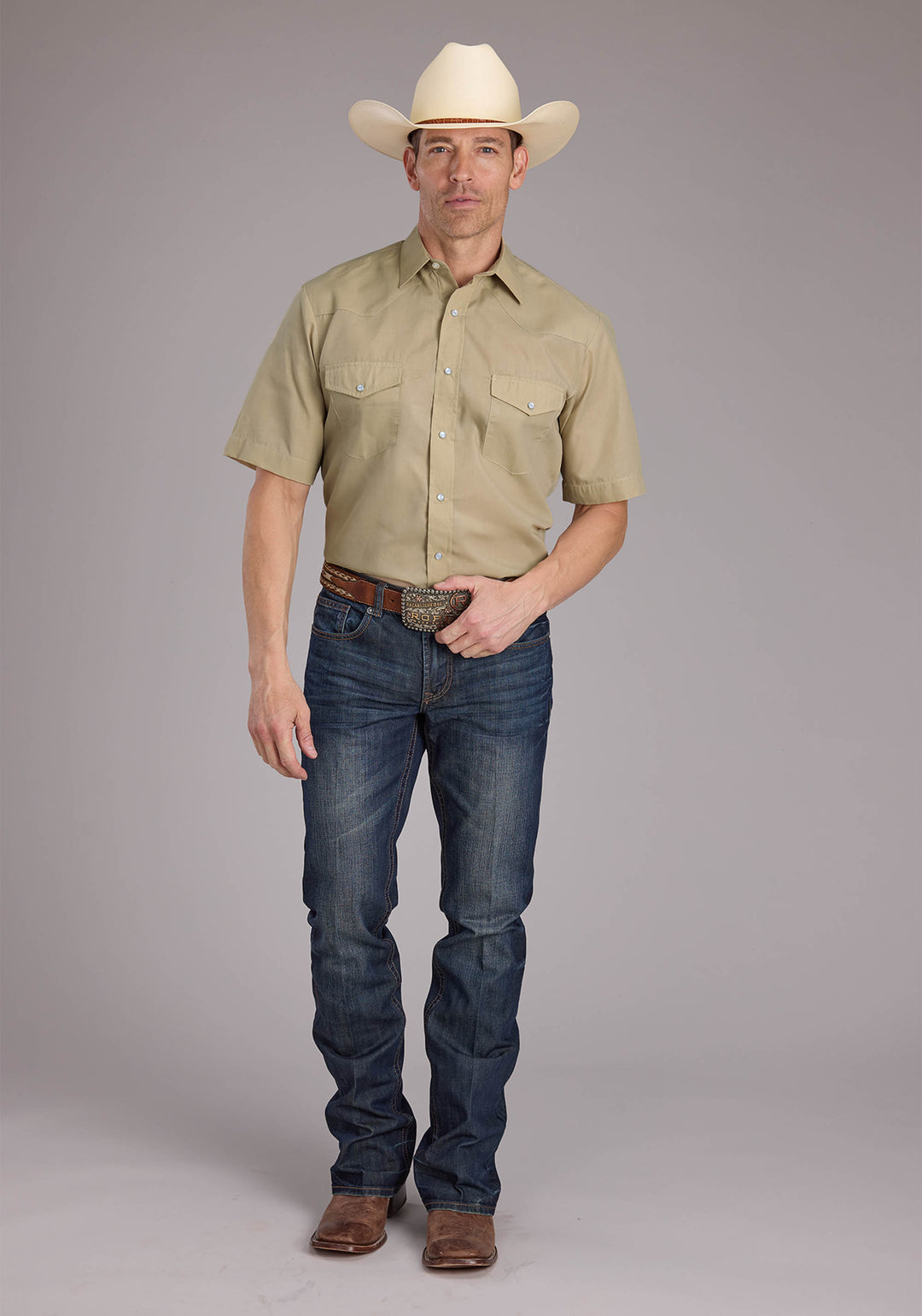MENS SOLID TAN SHORT SLEEVE SNAP WESTERN SHIRT