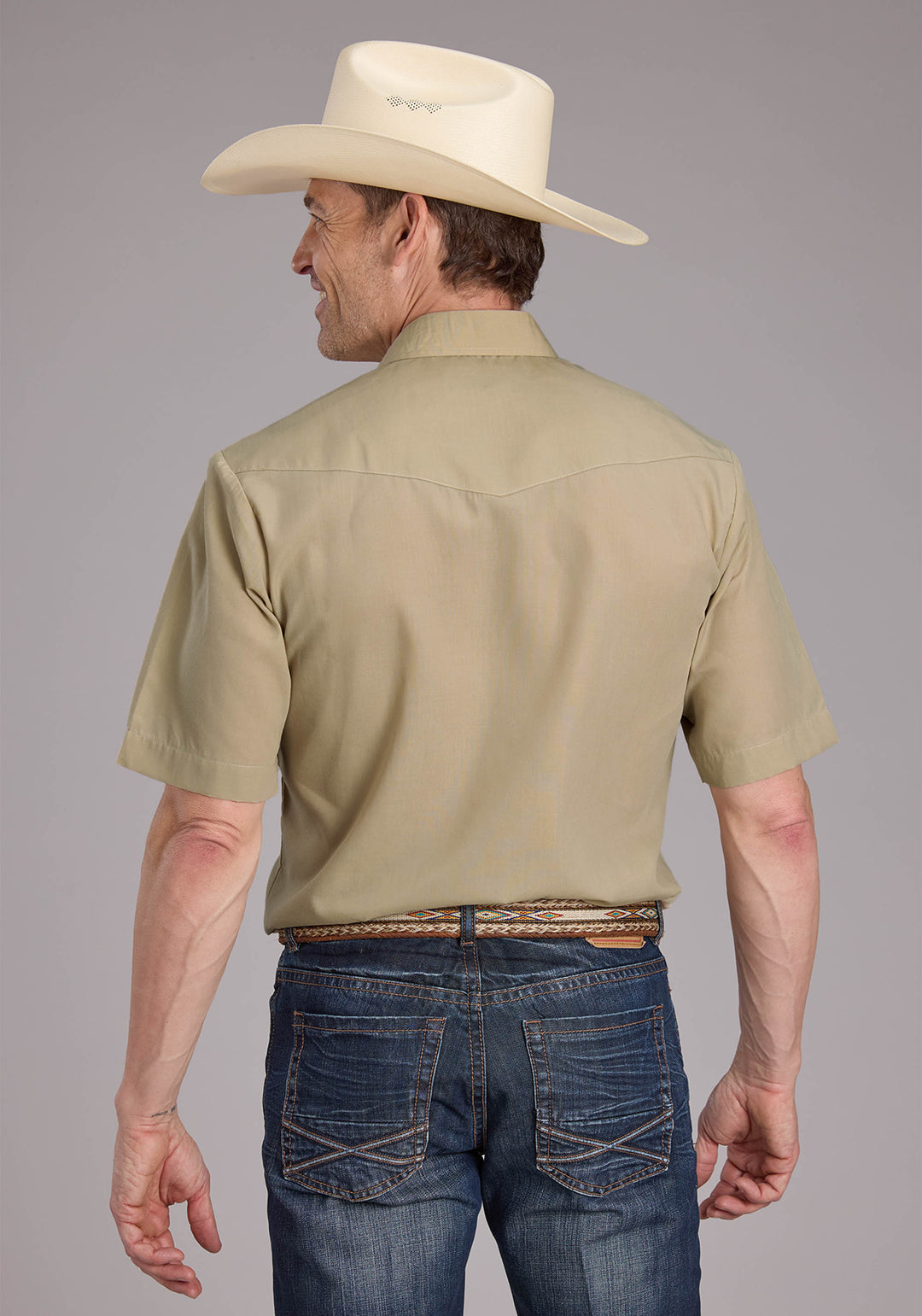 MENS SOLID TAN SHORT SLEEVE SNAP WESTERN SHIRT