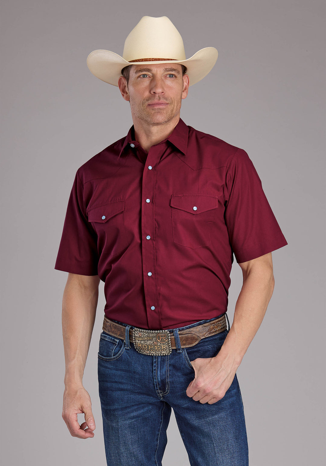 MENS SOLID BERRY SHORT SLEEVE SNAP WESTERN SHIRT