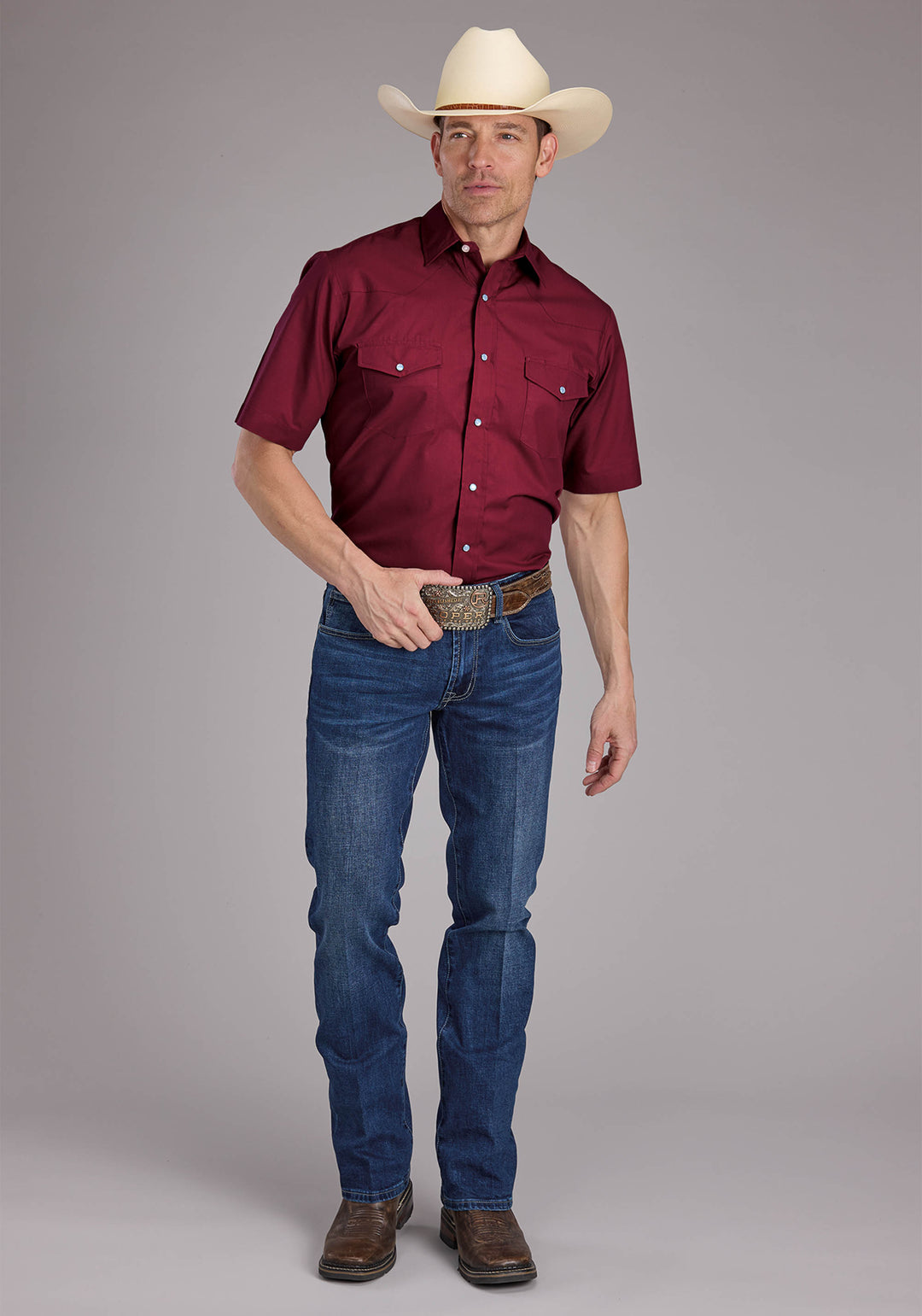 MENS SOLID BERRY SHORT SLEEVE SNAP WESTERN SHIRT