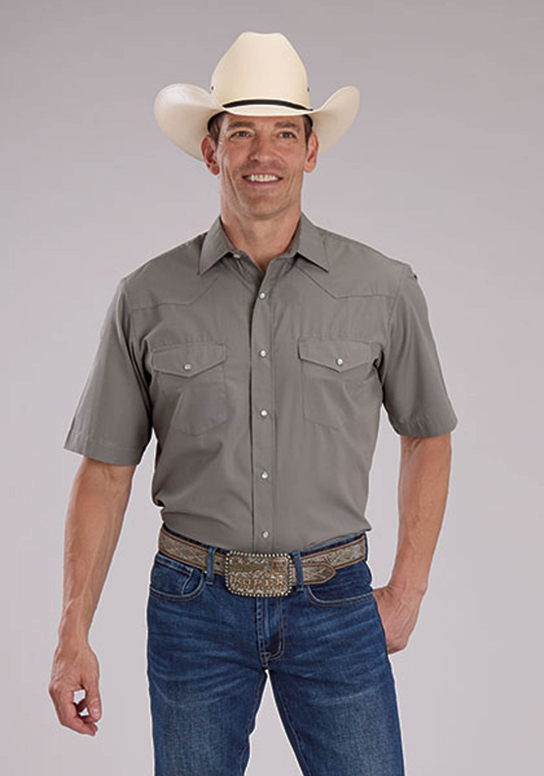 MENS SHORT SLEEVE SNAP SOLID BROADCLOTH - LIGHT SMOKEY GREY WESTERN SHIRT