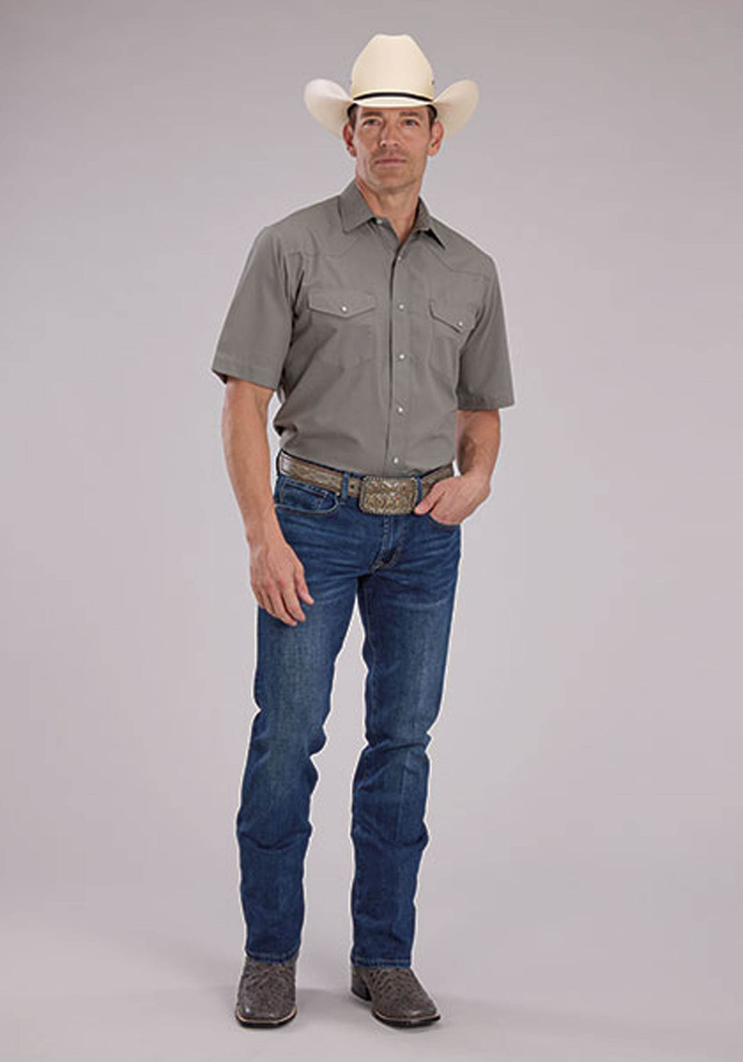 MENS SHORT SLEEVE SNAP SOLID BROADCLOTH - LIGHT SMOKEY GREY WESTERN SHIRT