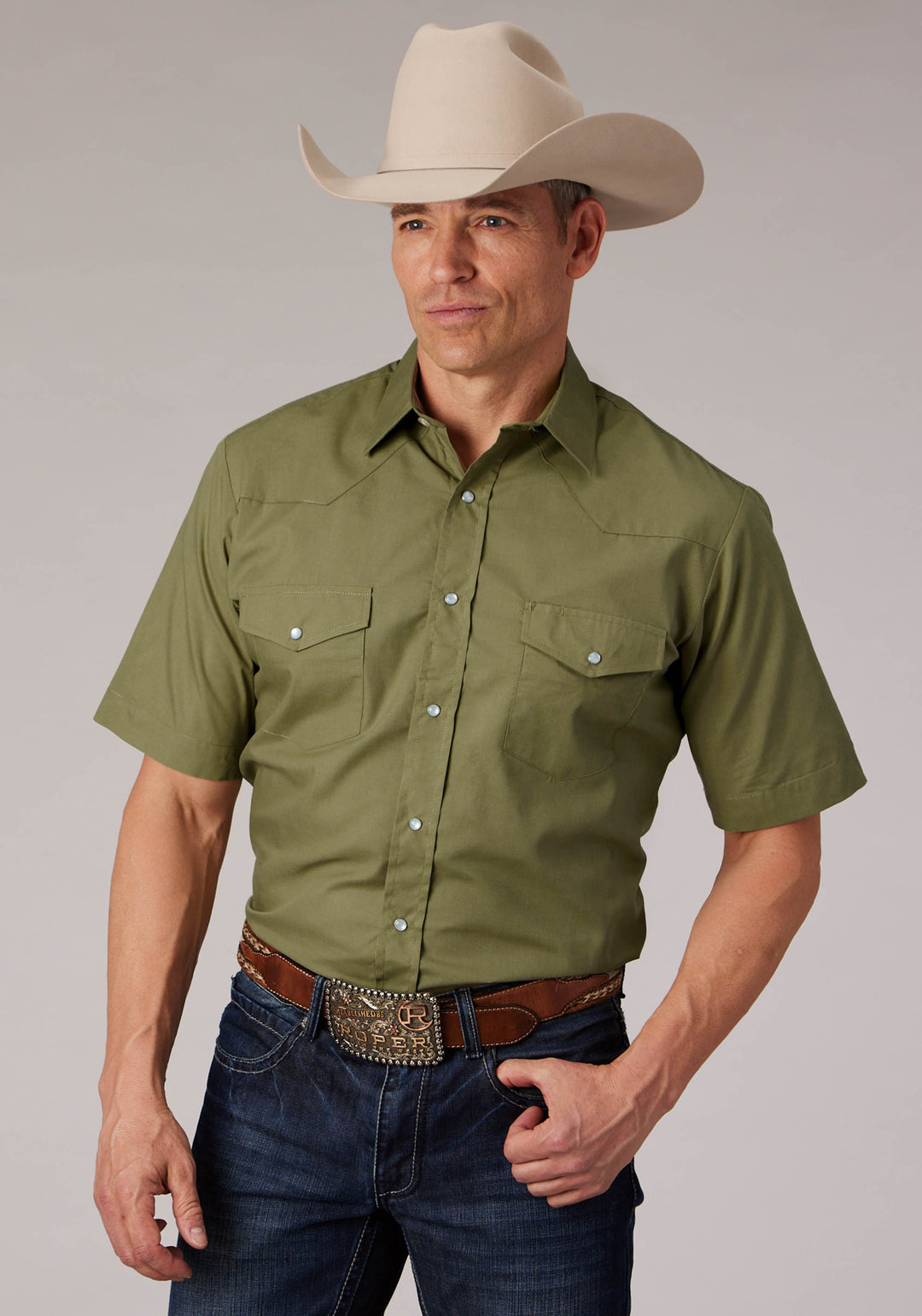 MENS SOLID LIGHT SAGE SHORT SLEEVE SNAP WESTERN SHIRT