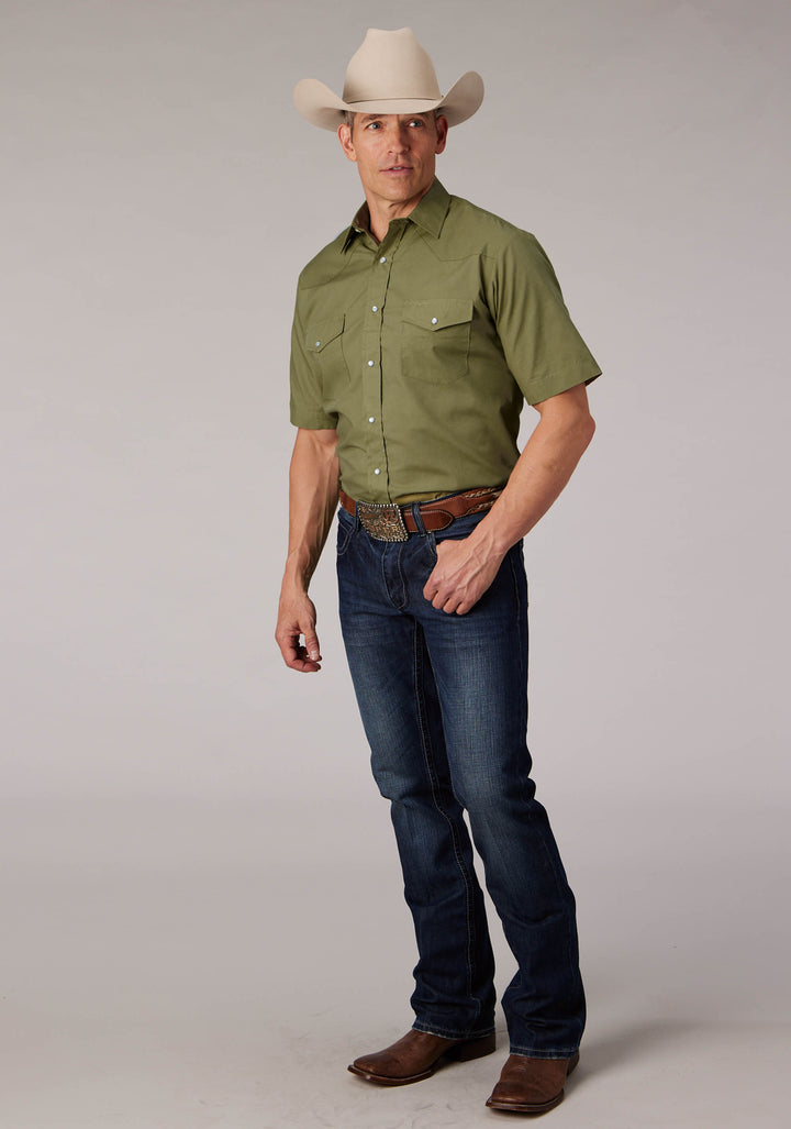 MENS SOLID LIGHT SAGE SHORT SLEEVE SNAP WESTERN SHIRT