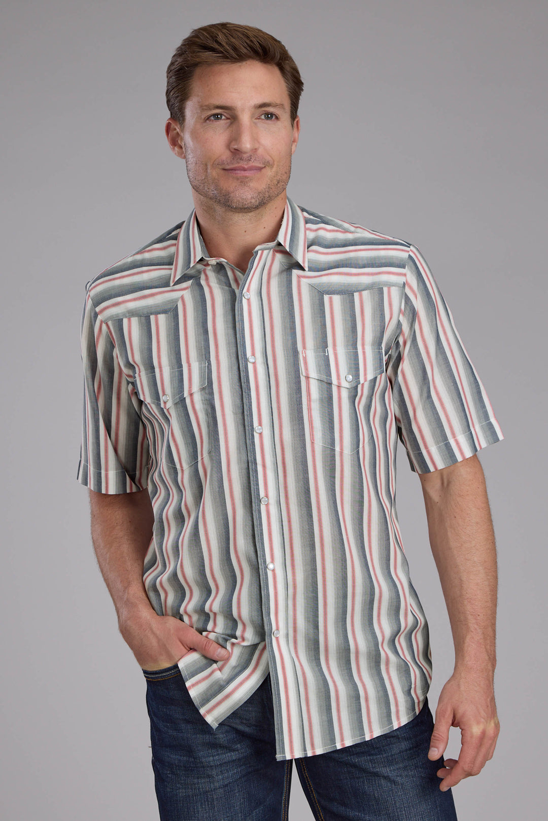 MENS NAVY WHITE AND RED OMBRE STRIPE SHORT SLEEVE SNAP WESTERN SHIRT