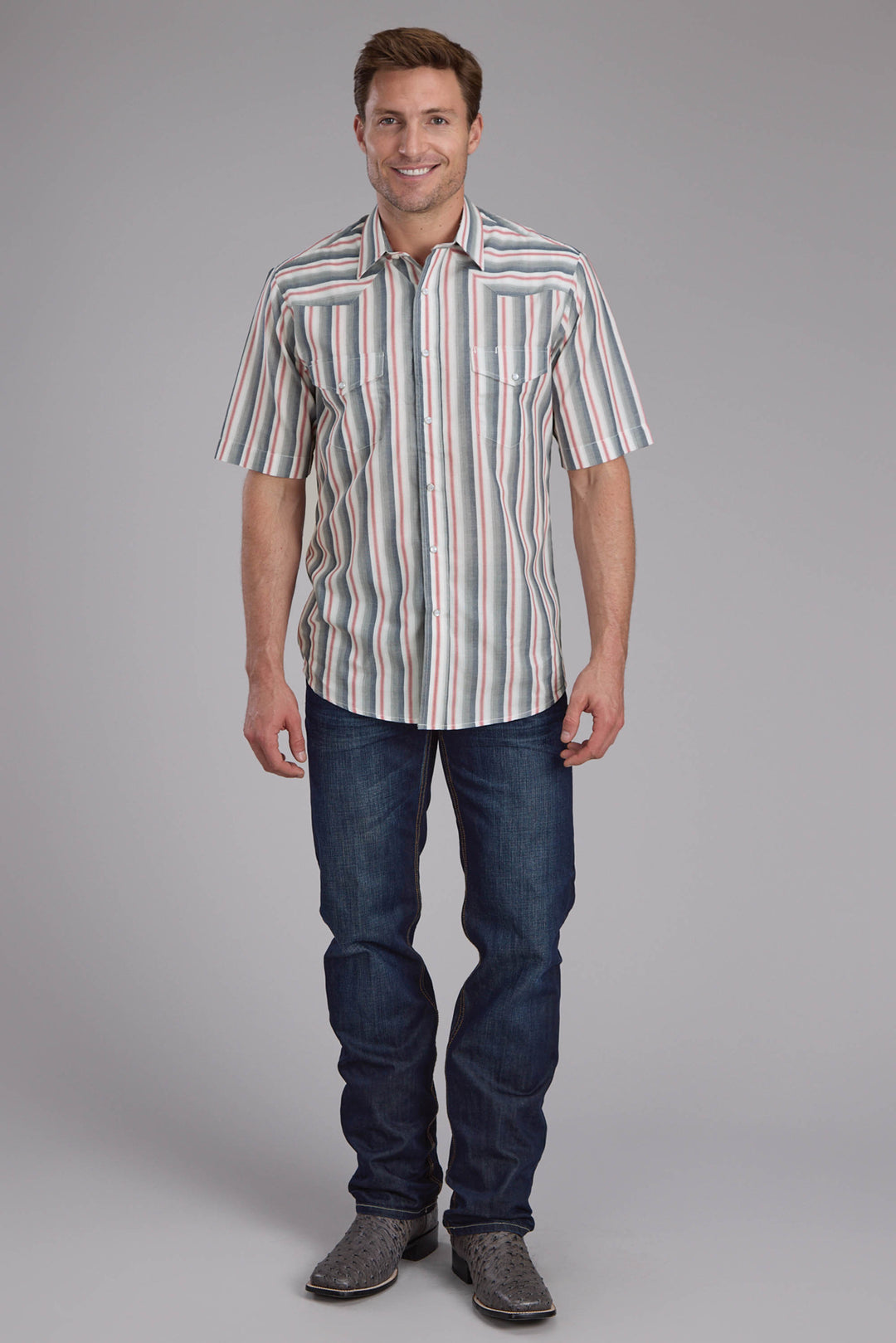 MENS NAVY WHITE AND RED OMBRE STRIPE SHORT SLEEVE SNAP WESTERN SHIRT