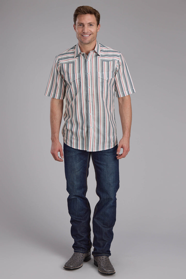 MENS NAVY WHITE AND RED OMBRE STRIPE SHORT SLEEVE SNAP WESTERN SHIRT