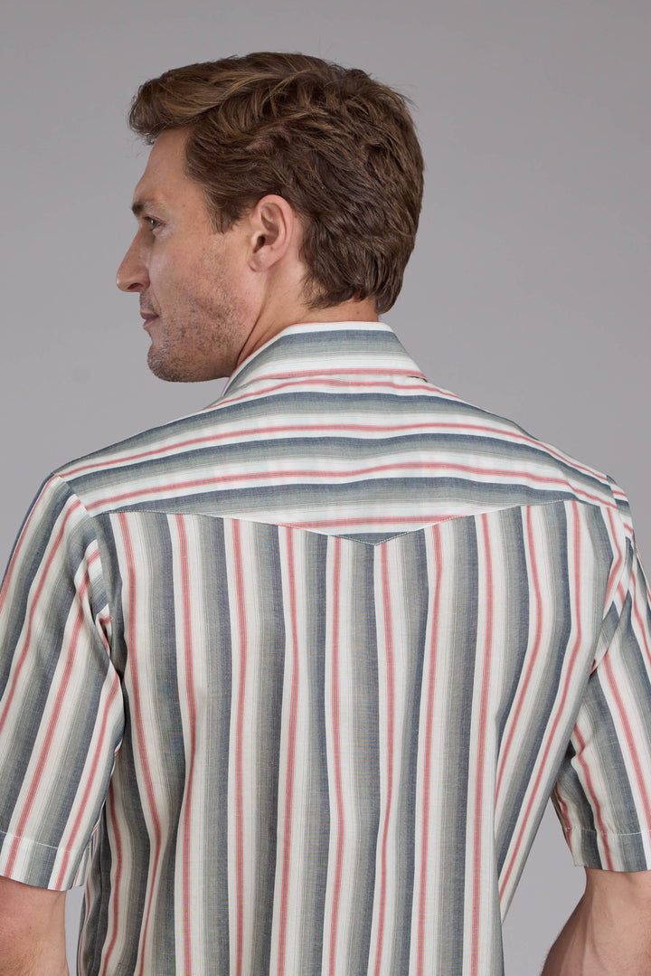 MENS NAVY WHITE AND RED OMBRE STRIPE SHORT SLEEVE SNAP WESTERN SHIRT
