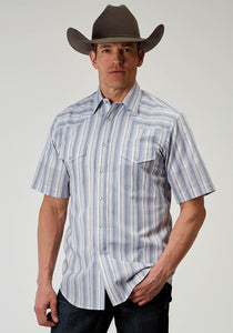 MENS SHORT SLEEVE SNAP BLUE STRIPE WESTERN SHIRT