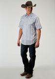 MENS SHORT SLEEVE SNAP BLUE STRIPE WESTERN SHIRT