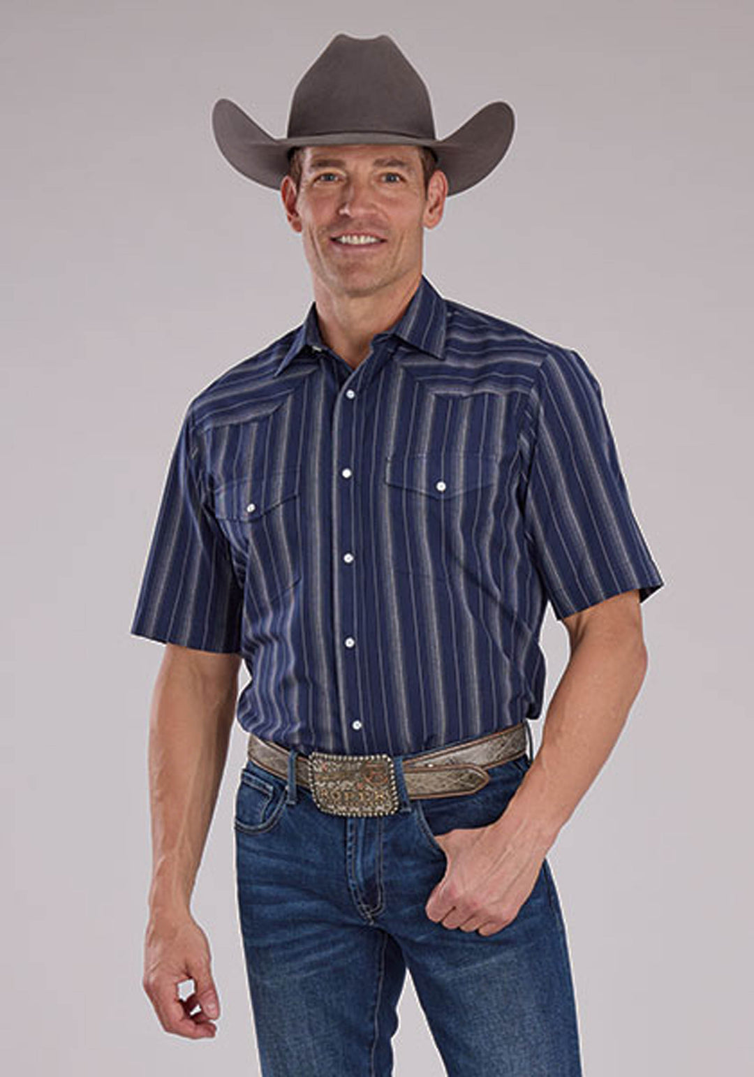 MENS SHORT SLEEVE SNAP NAVY BROWN STRIPE WESTERN SHIRT
