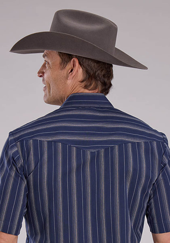 MENS SHORT SLEEVE SNAP NAVY BROWN STRIPE WESTERN SHIRT