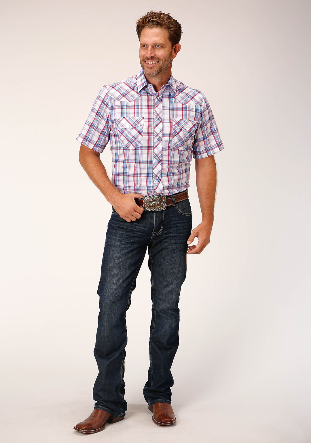 MENS SHORT SLEEVE SNAP WHITE BERRY LIGHT BLUE PLAID WESTERN SHIRT
