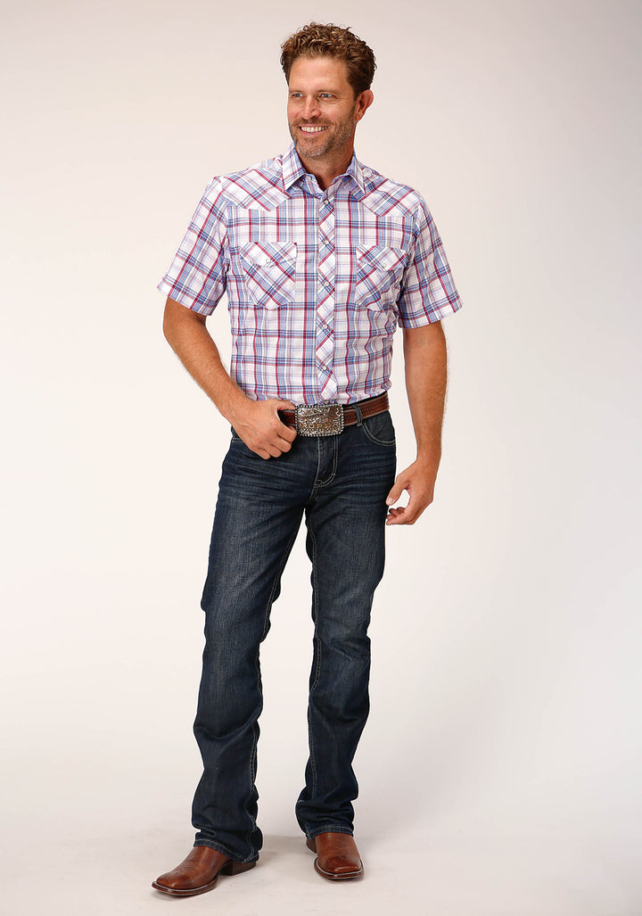 MENS SHORT SLEEVE SNAP WHITE BERRY LIGHT BLUE PLAID WESTERN SHIRT