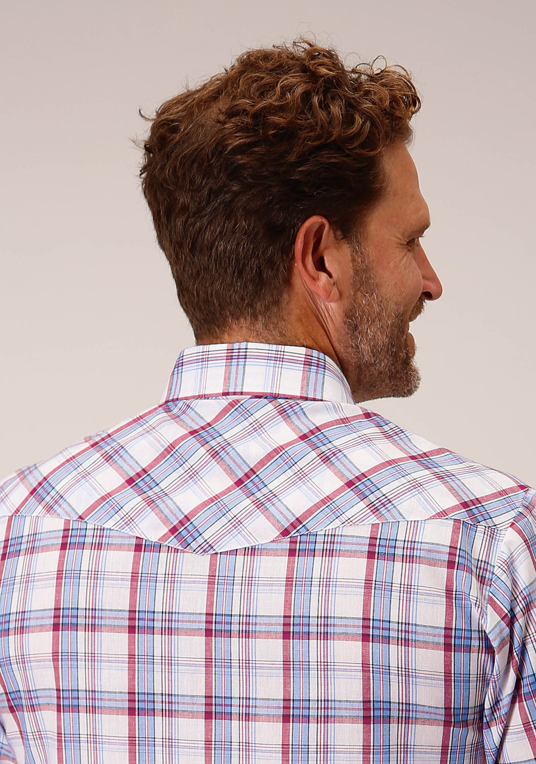 MENS SHORT SLEEVE SNAP WHITE BERRY LIGHT BLUE PLAID WESTERN SHIRT