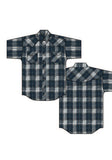 MENS SHORT SLEEVE SNAP NAVY GREY LTBLUE LG SCALE PLAID WESTERN SHIRT