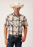 MENS SHORT SLEEVE SNAP BLACK  KHAKI  WHITE PLAID WESTERN SHIRT