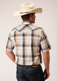 MENS SHORT SLEEVE SNAP BLACK  KHAKI  WHITE PLAID WESTERN SHIRT