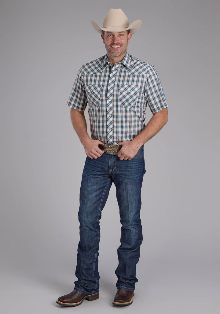 MENS TURQUOISE PLAID SHORT SLEEVE SNAP WESTERN SHIRT