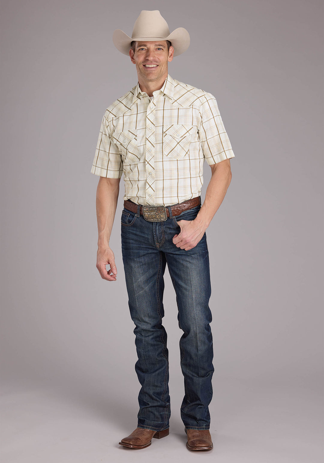 MENS NEUTRAL PLAID SHORT SLEEVE SNAP WESTERN SHIRT