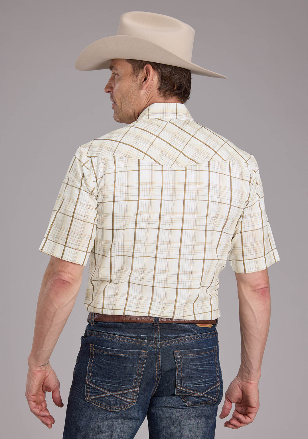 MENS NEUTRAL PLAID SHORT SLEEVE SNAP WESTERN SHIRT