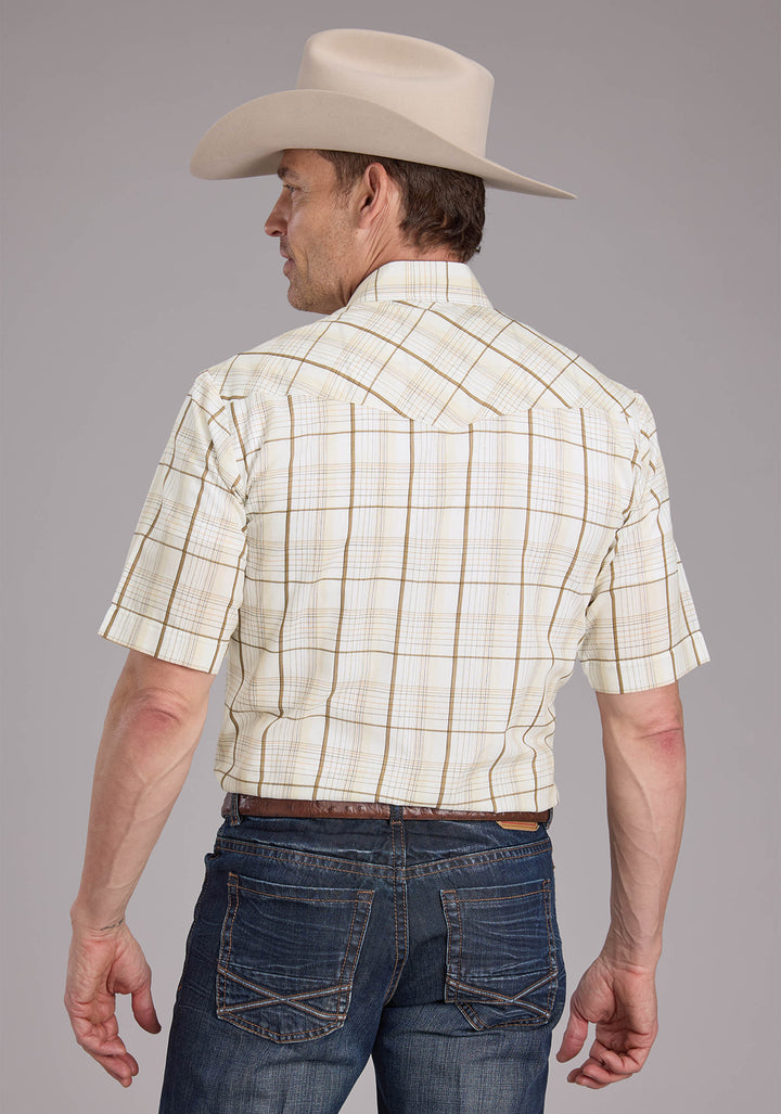 MENS NEUTRAL PLAID SHORT SLEEVE SNAP WESTERN SHIRT