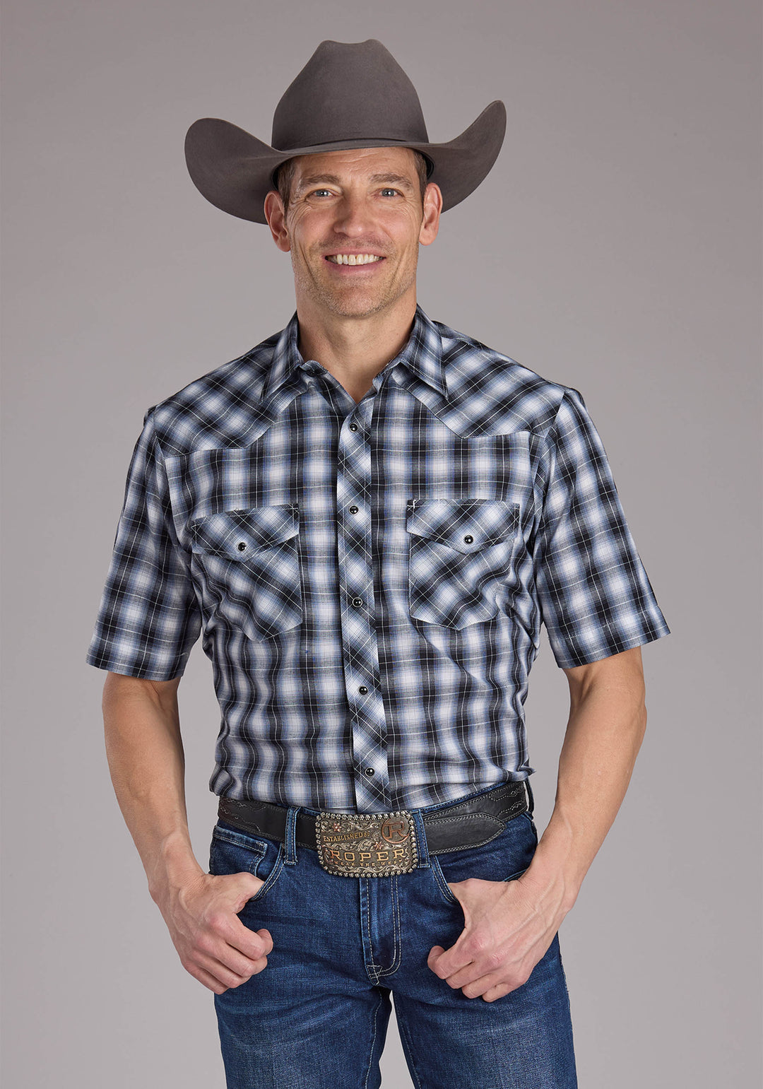 MENS BLACK PLAID SHORT SLEEVE SNAP WESTERN SHIRT