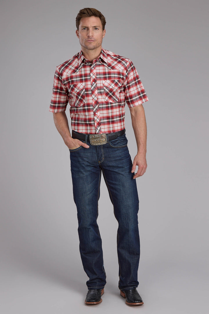 MENS RED PLAID SHORT SLEEVE SNAP WESTERN SHIRT