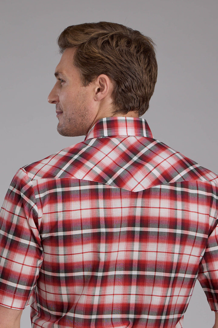 MENS RED PLAID SHORT SLEEVE SNAP WESTERN SHIRT
