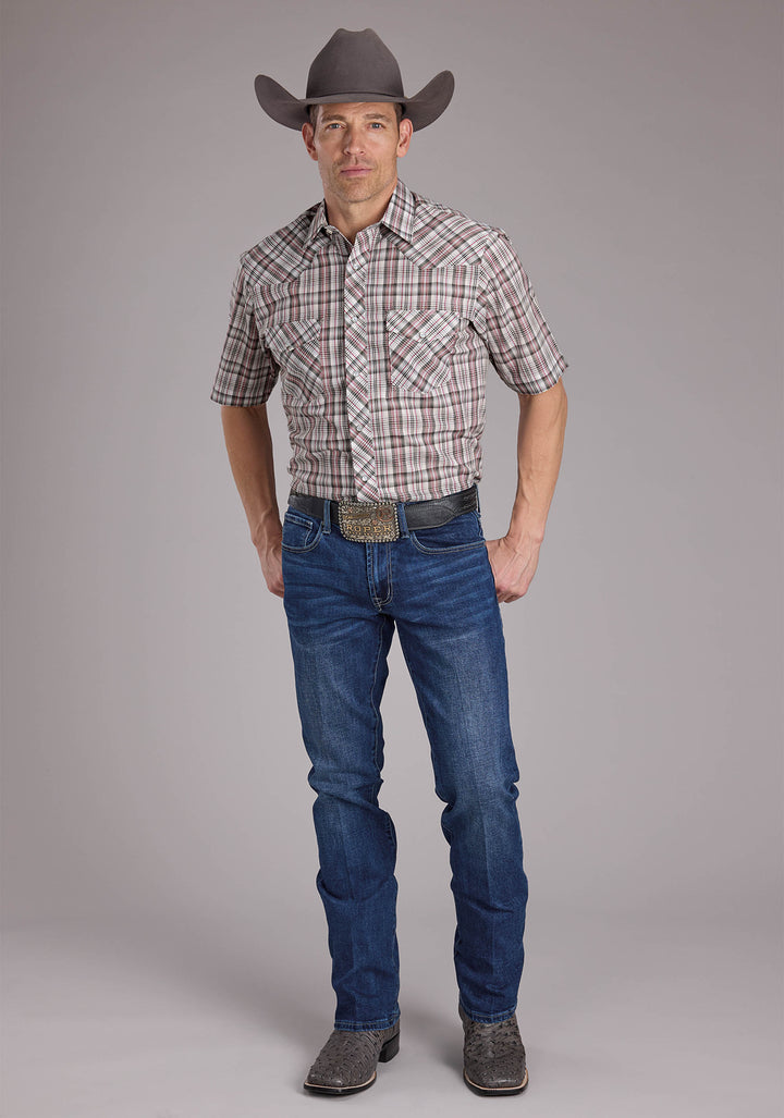 MENS WHITE RED AND GRAY PLAID SHORT SLEEVE SNAP WESTERN SHIRT