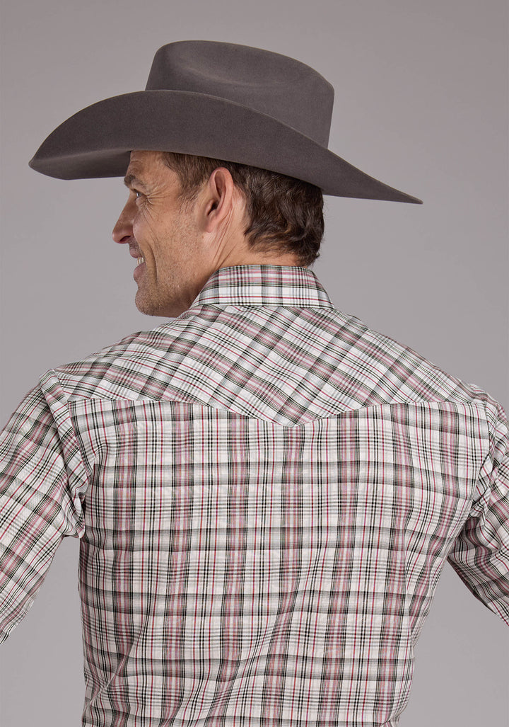 MENS WHITE RED AND GRAY PLAID SHORT SLEEVE SNAP WESTERN SHIRT
