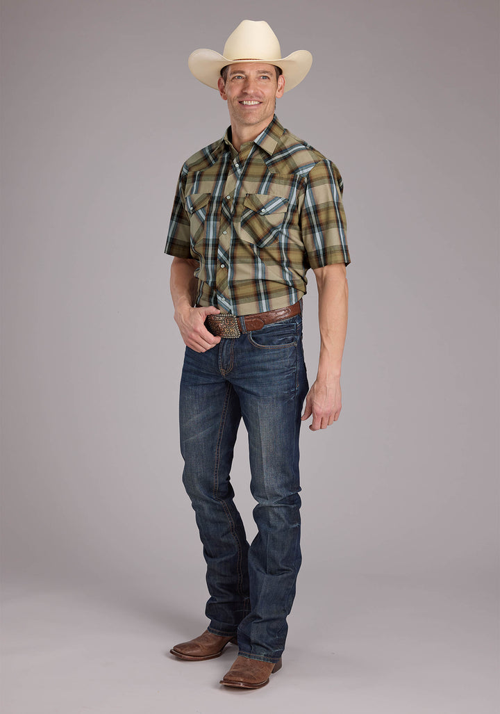 MENS TAN PLAID SHORT SLEEVE SNAP WESTERN SHIRT
