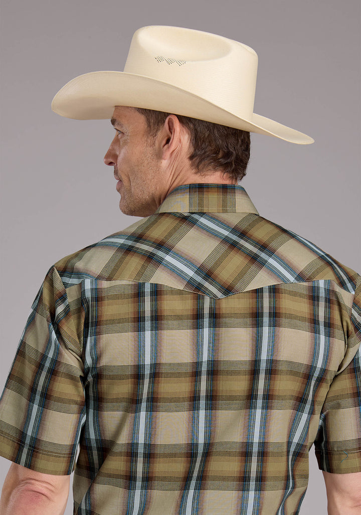 MENS TAN PLAID SHORT SLEEVE SNAP WESTERN SHIRT