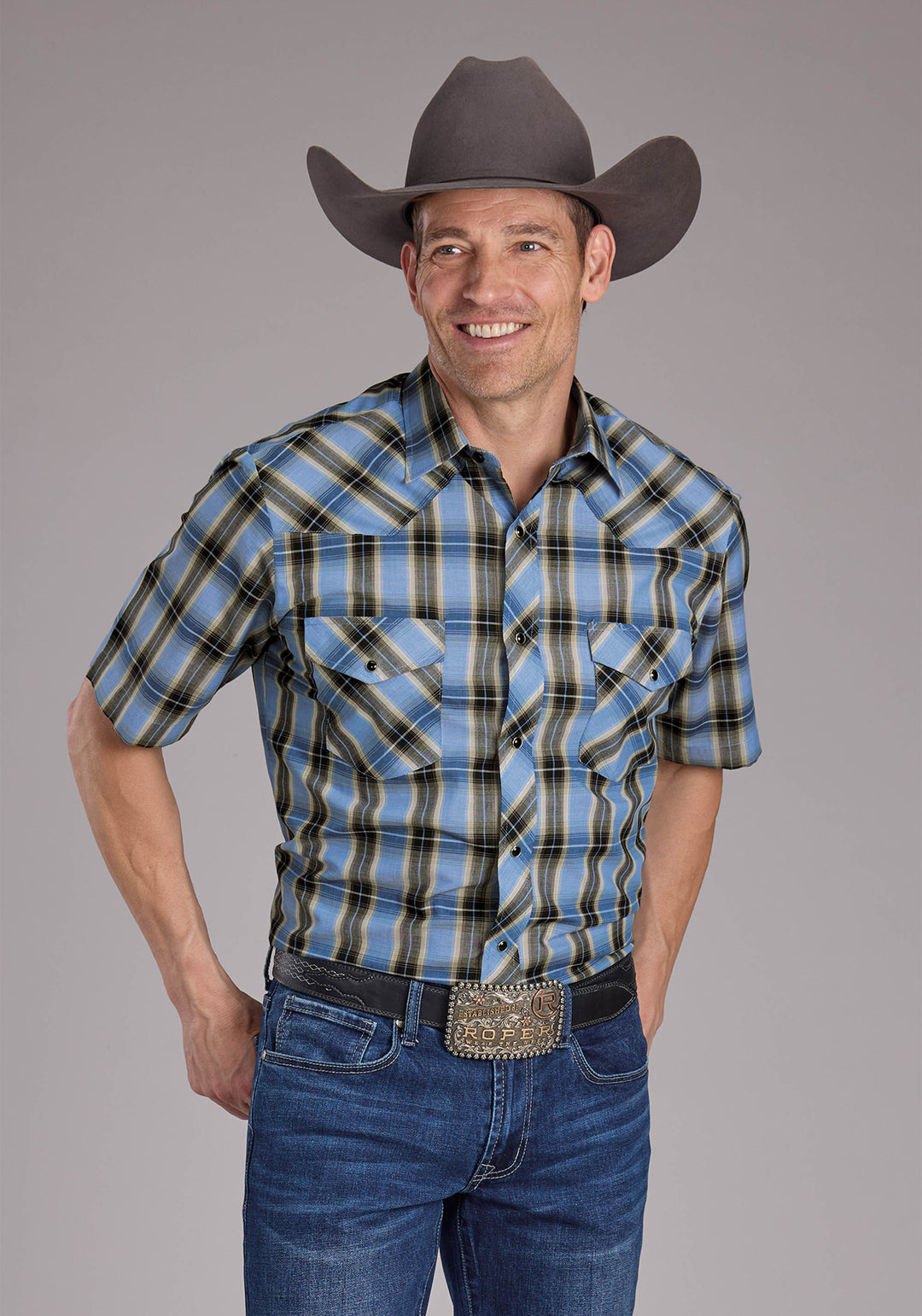 MENS BLUE AND BROWN PLAID SHORT SLEEVE SNAP WESTERN SHIRT