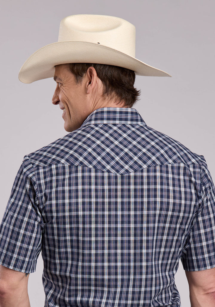 MENS ROPER NAVY PLAID SHORT SLEEVE SNAP SHIRT