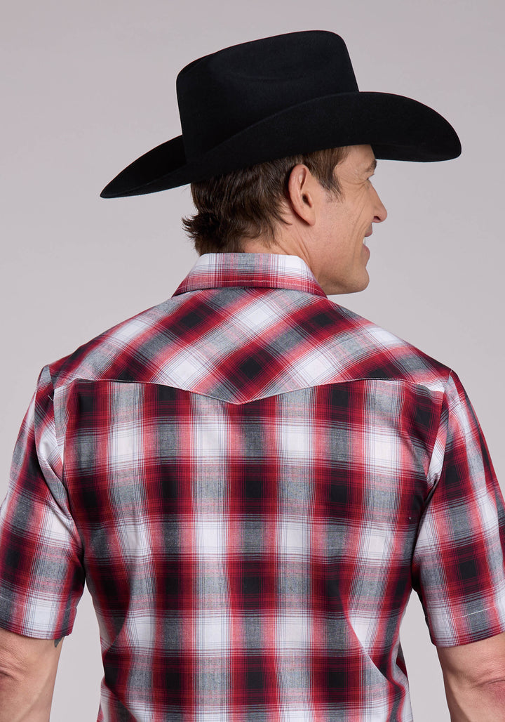 MENS ROPER BLACK RED  WHITE PLAID SHORT SLEEVE SNAP SHIRT