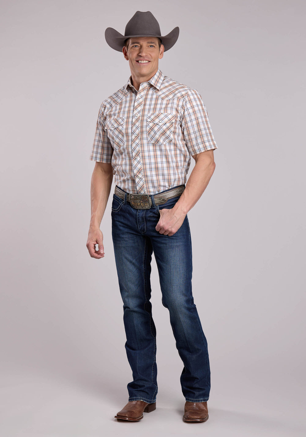 MENS ROPER CREAM  ORANGE PLAID SHORT SLEEVE SNAP SHIRT