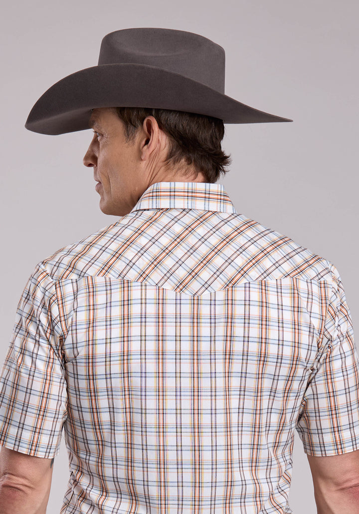 MENS ROPER CREAM  ORANGE PLAID SHORT SLEEVE SNAP SHIRT