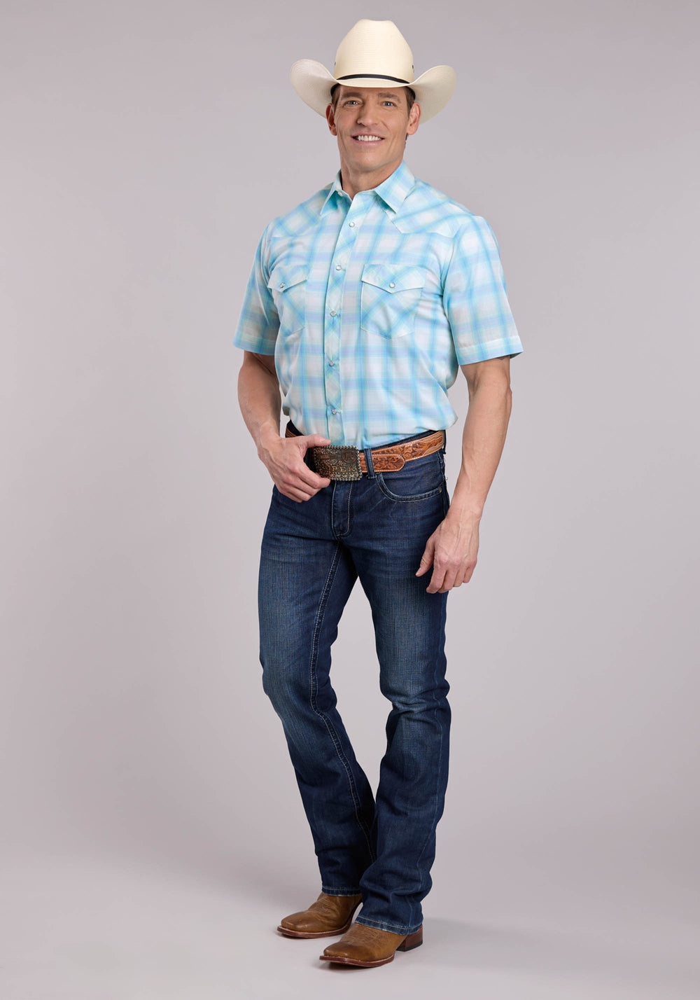 MENS ROPER CYAN PLAID SHORT SLEEVE SNAP SHIRT