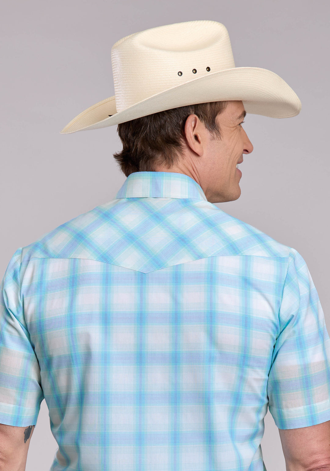 MENS ROPER CYAN PLAID SHORT SLEEVE SNAP SHIRT